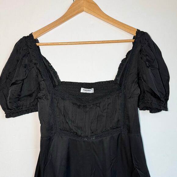 Rumored Milkmaid Mini Dress Black Large NWT Puff Sleeve Silky Lace Trim - Picture 5 of 13